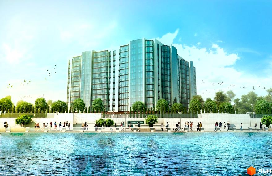 Зображення Житлового комплексу Сімейний Lux: багатоповерхова будівля з панорамними вікнами, поруч набережна з людьми та деревами.