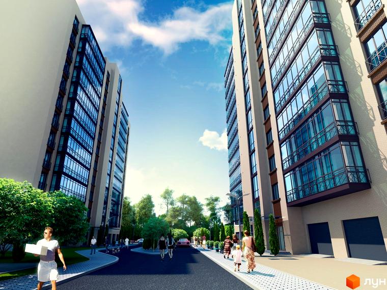 Житловий комплекс Сімейний Lux має високі будинки зі світлими фасадами та великими вікнами. Прибудинкова територія облаштована зеленими насадженнями та пішохідними доріжками.