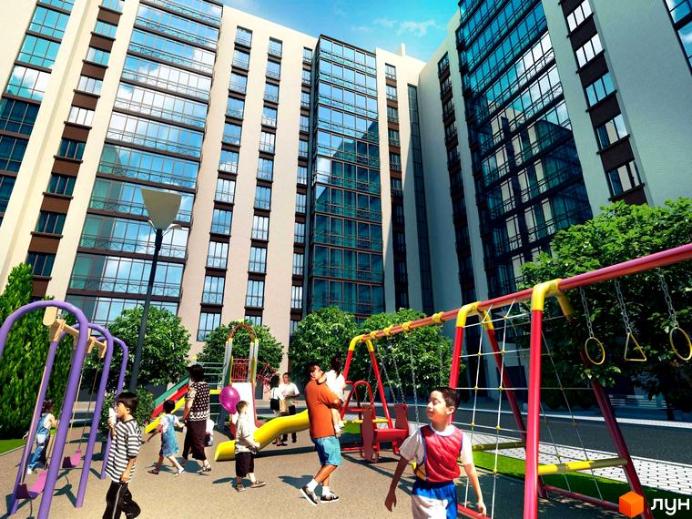 Житловий комплекс Сімейний Lux: багатоповерховий будинок зі світлим фасадом та великими вікнами, поруч дитячий майданчик з дітьми.