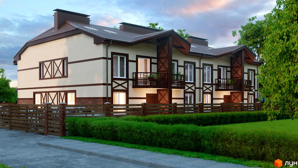 Зображення таунхаусів «Мюнхен 45» з фасадами в світлих тонах, коричневими дерев'яними елементами та акуратним зеленим газоном перед будинками. Вигляд житлового комплексу з вулиці.