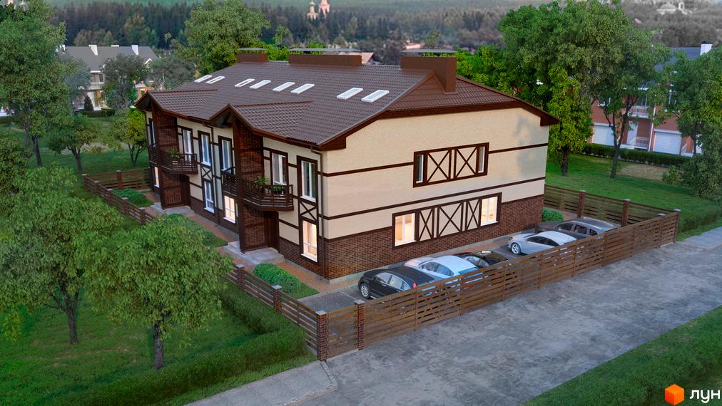 Зображення таунхаусів „Мюнхен 45“ з коричневим дахом та світлим фасадом. На території парковка для автомобілів та зелені насадження.