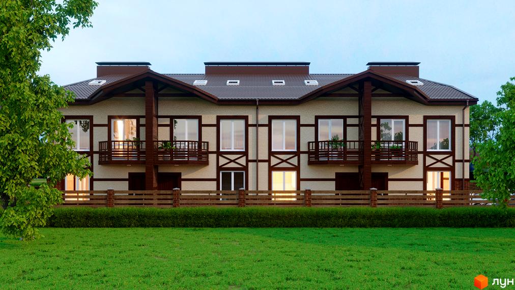 Зовнішній вигляд таунхаусів у Житловому комплексі „Мюнхен 45“ з балконами та коричневим дахом. На передньому плані зелений газон та невисокий паркан.