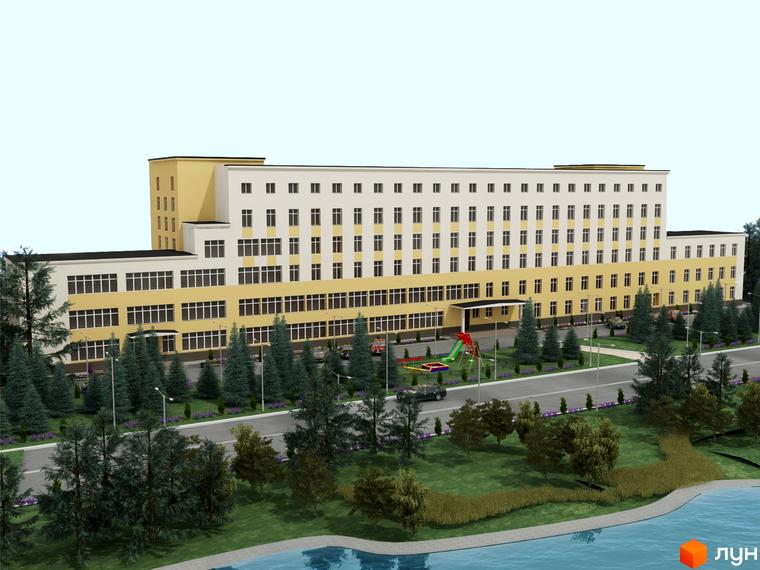 Зображення фасаду та прибудинкової території Житлового комплексу Ялинковий двір. На території є дитячий майданчик, зелені насадження та дорога.