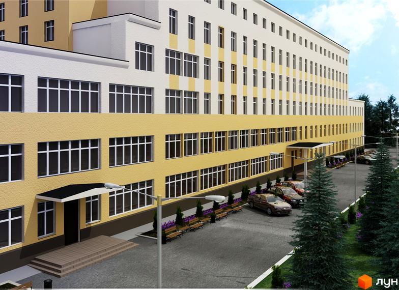 Зображення фасаду та прибудинкової території Житлового комплексу Ялинковий двір. Багатоповерхова будівля з великою кількістю вікон, парковка та зелені насадження.