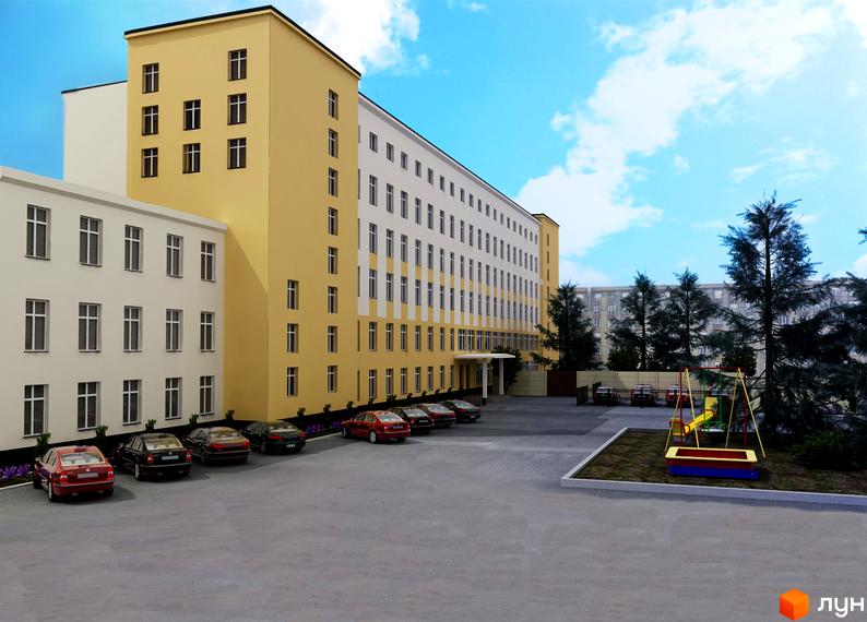 Зображення фасаду та прибудинкової території Житлового комплексу Ялинковий двір. На фото будівля з парковкою та дитячим майданчиком.