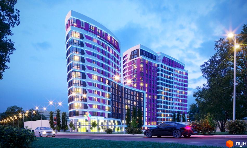Житловий комплекс Парус Smart з багатоповерховими будівлями вигнутої форми, фіолетовими фасадами та синім підсвічуванням. Навколо дорога, автомобілі та освітлені ліхтарі.