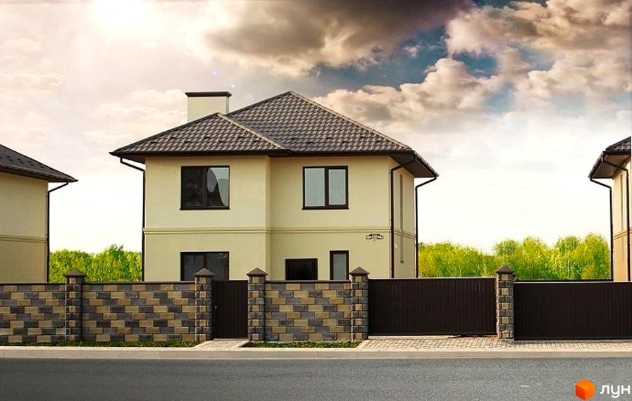 Зображення двоповерхового будинку в Котеджному містечку Оксамит з коричневим дахом. На передньому плані цегляний паркан та асфальтова дорога.