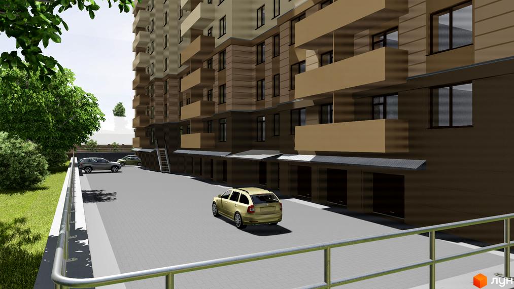 Зображення фасаду та прибудинкової території Новобудови Княжий. На фото видно багатоквартирний будинок та парковку з автомобілями.