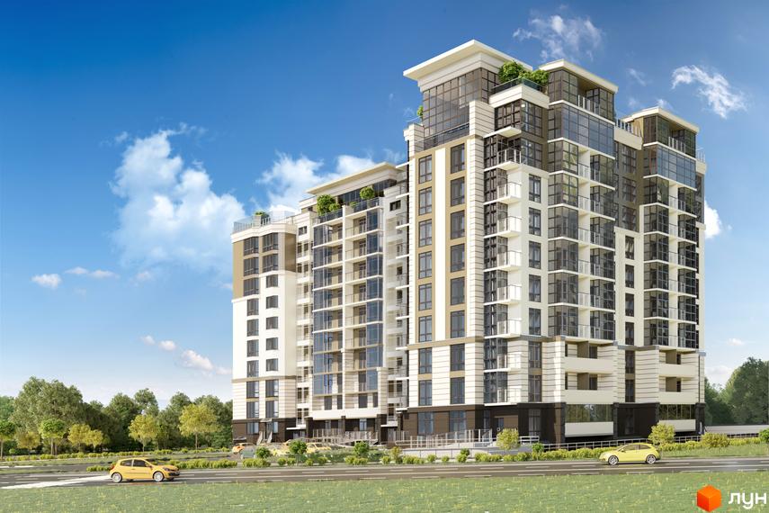 Зображення багатоповерхового будинку в ЖК Княжий. Архітектура комплексу з великою кількістю вікон та балконів, прибудинкова територія з озелененням.