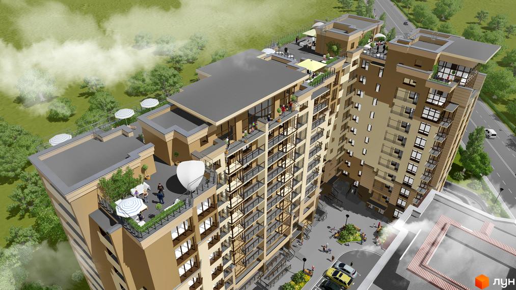 Багатоповерховий будинок Житлового комплексу Княжий з бежевими фасадами та скляними балконами. На даху облаштовані тераси, поруч зелені насадження та паркінг.