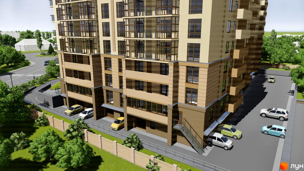 Зображення фасаду та прибудинкової території Житлового комплексу Княжий. Багатоповерховий будинок з великими вікнами, поруч зелені насадження та парковка з автомобілями.