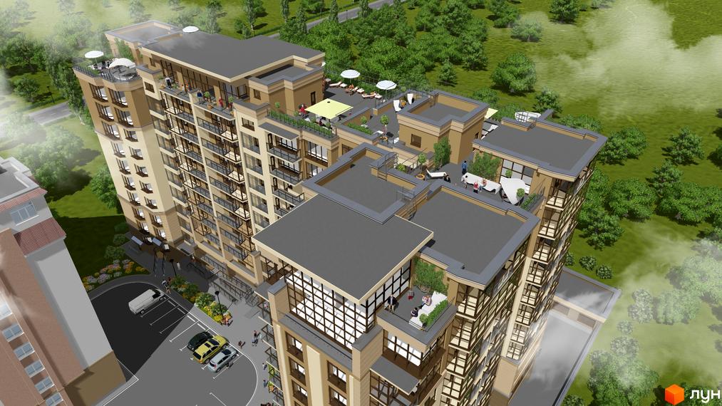 Зображення Житлового комплексу Княжий. Вигляд багатоповерхового будинку з балконами та терасами на даху, прибудинкова територія з парковкою.