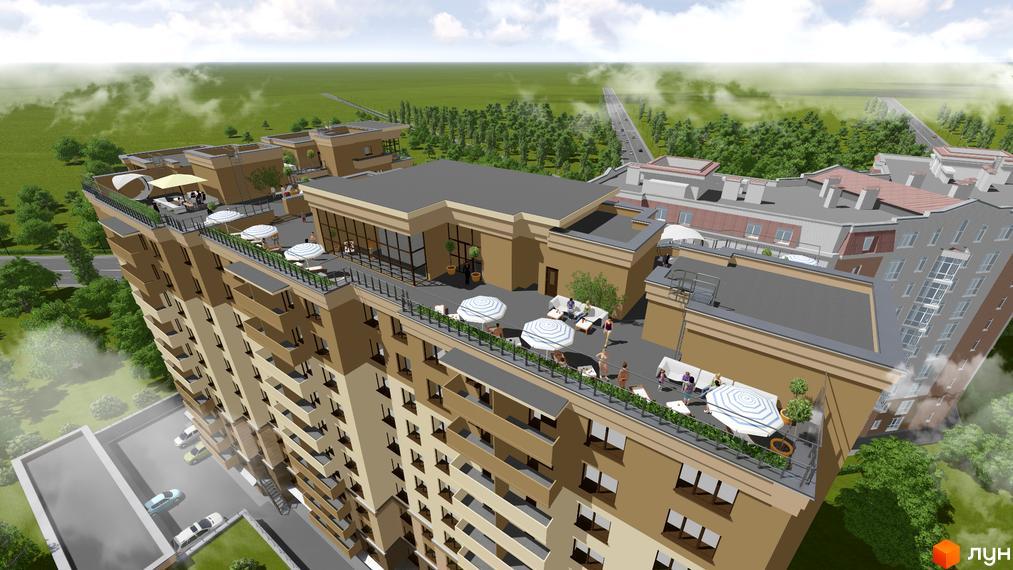 Житловий комплекс Княжий: багатоповерховий будинок бежевого кольору з балконами. На даху облаштована тераса з зонами відпочинку, парасольками та зеленню.