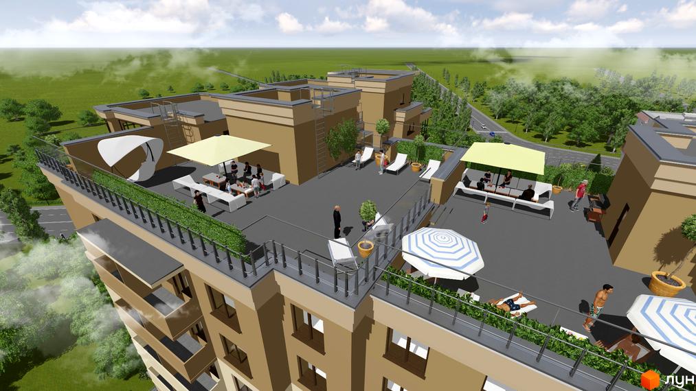 Зображення Житлового комплексу Княжий з виглядом на терасу на даху. На даху відпочивають люди, є лежаки та парасольки.