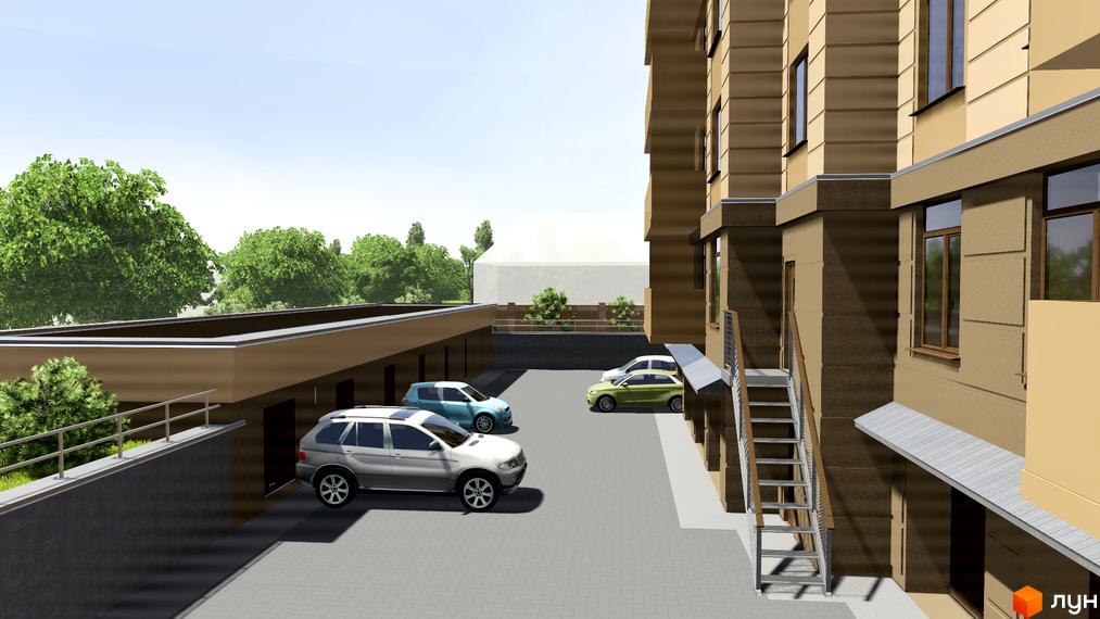 Житловий комплекс Княжий: вигляд на багатоквартирний будинок бежевого кольору з вікнами та прибудинкову територію з парковкою та автомобілями.