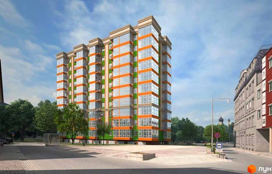 Новобудова Маєток Миколаївський: багатоповерховий будинок з помаранчево-зеленим фасадом та великими вікнами, оточений деревами та міською площею.