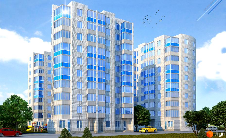 Житловий комплекс на Ливарній: багатоповерхові будинки світлого кольору з синіми вікнами та балконами, навколо зелені дерева, дитячий майданчик та автомобілі.