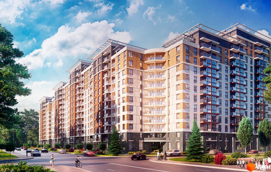 Комплекс Krona Park: багатоповерхові будинки з комбінованими фасадами та балконами. Прибудинкова територія з дорогою, деревами та кущами.