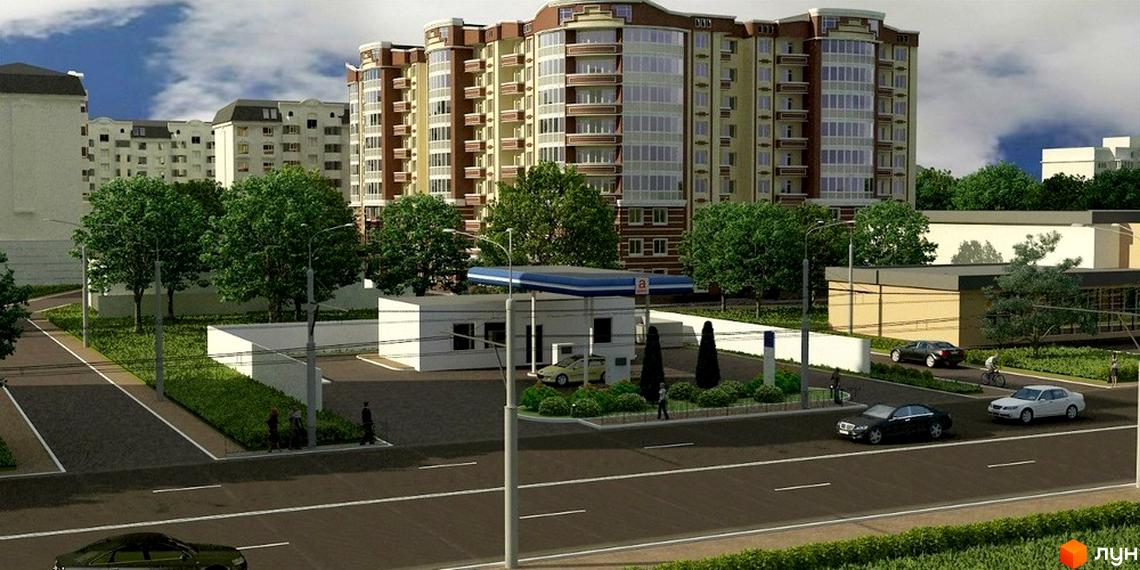 Зображення Житлового району Мирний: багатоповерховий будинок з великими вікнами та балконами, поруч зелені насадження, дорога та автозаправка.