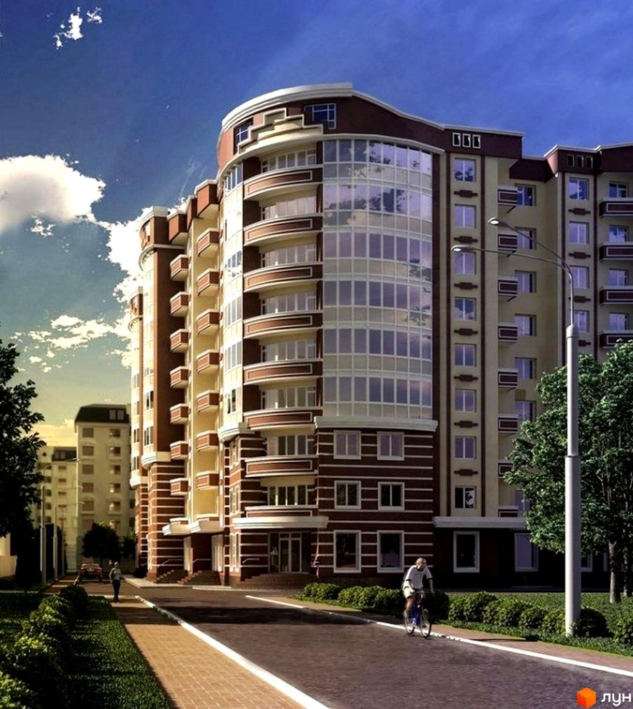 Зображення Житлового комплексу Мирний. Багатоповерховий будинок з великими вікнами та балконами, поруч зелені насадження та пішохідна зона.