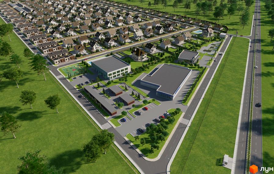 Котеджне містечко Хуторок з численними будинками світлих відтінків та темними дахами. Навколо багато зелених зон, доріг та інфраструктурних будівель.