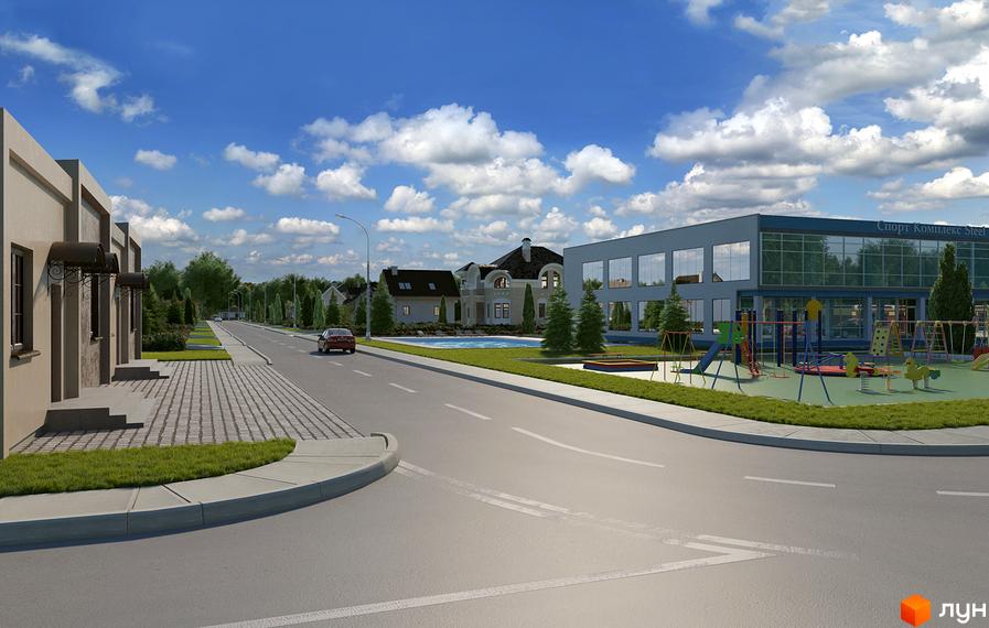 Зображення Котеджного містечка Хуторок з вулицею, будинками та дитячим майданчиком. Візуалізація екстер'єру та благоустрою території.