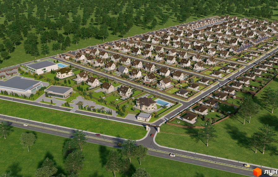 Котеджне містечко Хуторок: вид зверху на забудову з одноповерховими будинками, зеленими ділянками та дорогами. Поруч розташовані комерційні будівлі та лісовий масив.