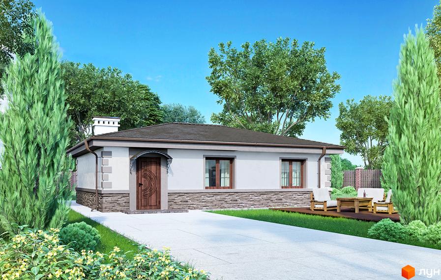 Одноповерховий будинок Котеджного містечка Хуторок з світлими стінами, коричневим дахом та кам'яним цоколем. Навколо будинку зелений газон, доріжка та зона відпочинку на терасі.