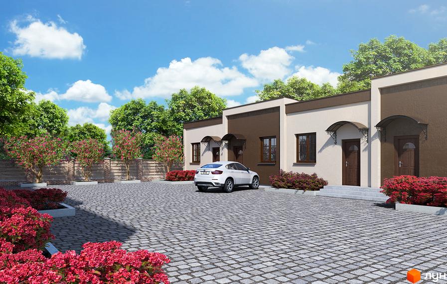 Зображення Котеджного містечка Хуторок: одноповерхові будинки з коричневими вставками, акуратний двір з бруківкою та червоними кущами.