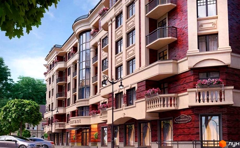 Зображення фасаду Клубного будинку „Покровський“ з червоної цегли з великими вікнами та балконами, прикрашеними квітами. На передньому плані припарковані автомобілі.