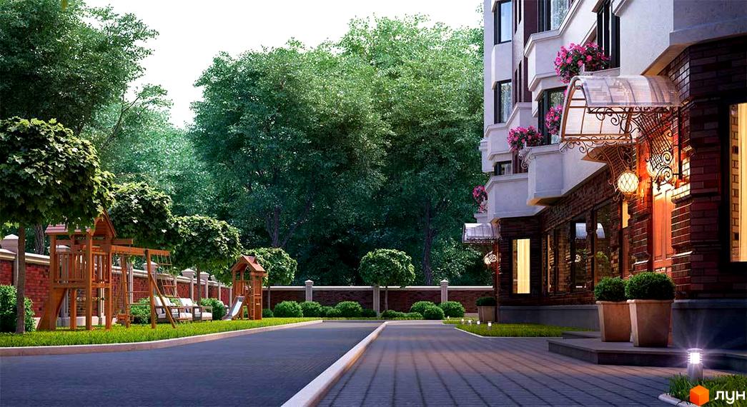 Зображення будинку клубного типу з червоної цегли. На території ЖК „Покровський“ є дитячий майданчик та зелені насадження.