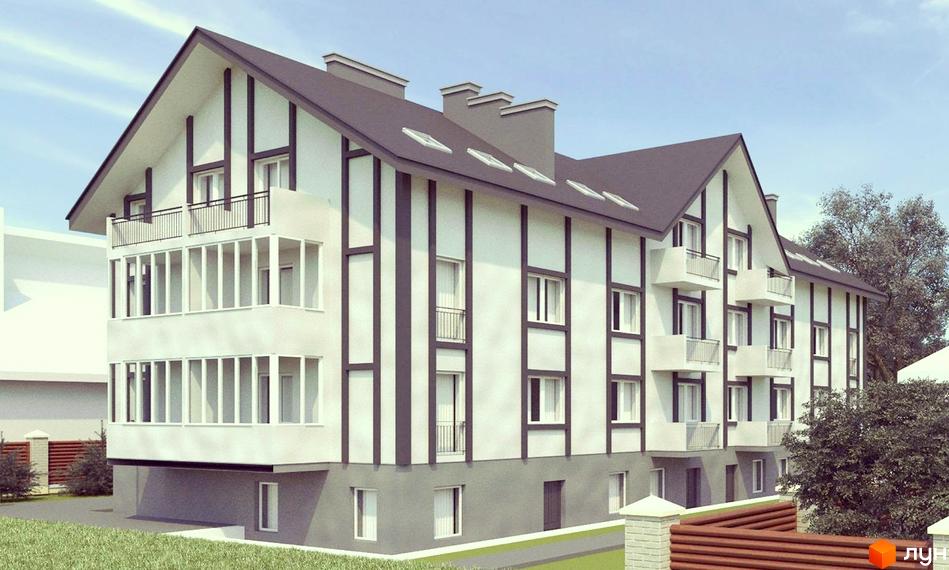 Триповерховий будинок з білими стінами та темними смугами. На території є газон, паркан з дерева та цегли.