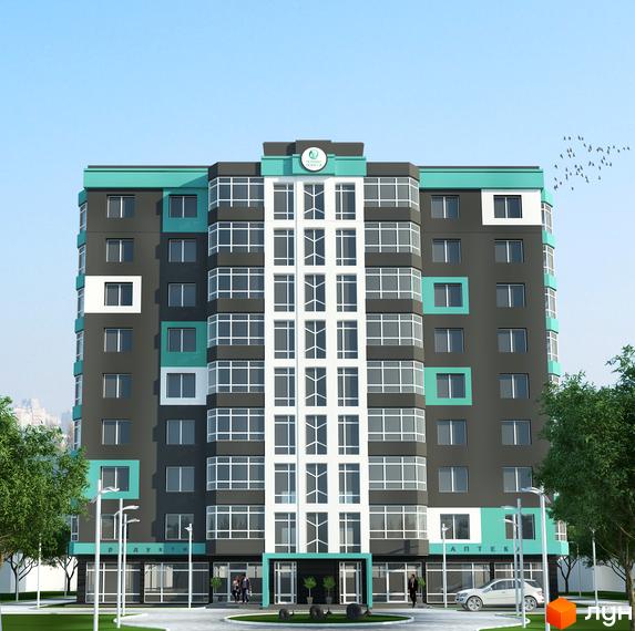 Житловий комплекс Перлина Полісся: багатоповерховий будинок з темно-сірим, білим та бірюзовим фасадом. На першому поверсі комерційні приміщення, навколо зелені насадження.