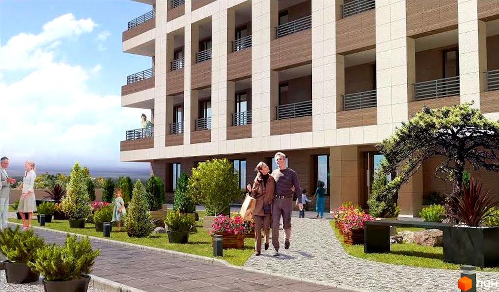 Житловий комплекс Victory Hall: багатоповерховий будинок з коричнево-бежевим фасадом та балконами. Прибудинкова територія з доріжками, зеленими насадженнями та квітами.