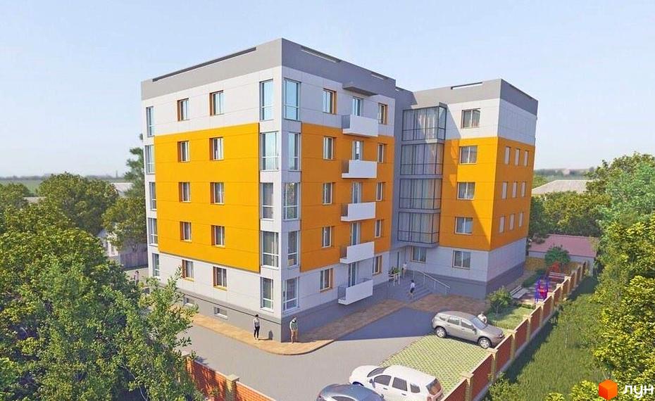 Житловий комплекс Озерний. Багатоповерховий будинок з жовтими та сірими фасадами. На прибудинковій території є парковка для автомобілів та дитячий майданчик.