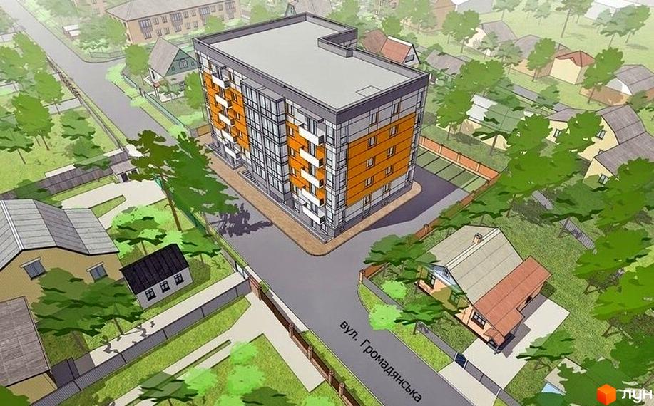 Зображення сторінки ЖК Озерний. Багатоповерховий будинок з помаранчевими вставками на фасаді. Навколо будинку розташовані приватні будинки та зелені насадження.