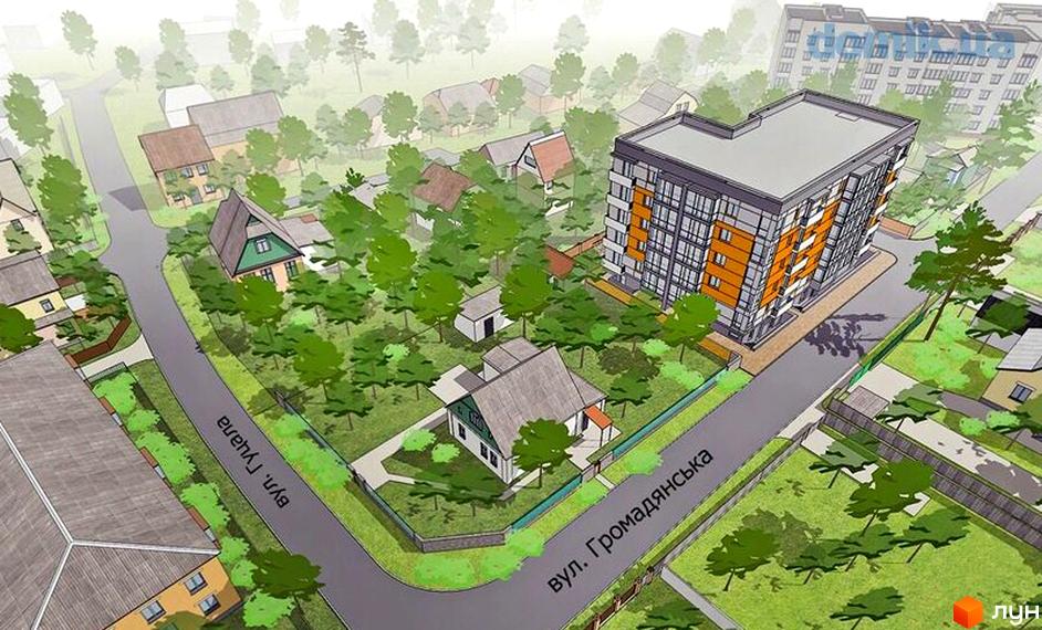 Зображення ЖК Озерний. Багатоповерховий будинок з помаранчевими вставками на фасаді, поруч розташовані приватні будинки та зелені насадження.