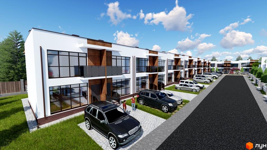 Зображення фасаду таунхаусів Green Place. На передньому плані припарковані автомобілі, поруч доріжка з бруківки та газон. На задньому плані – асфальтована дорога та парковка.