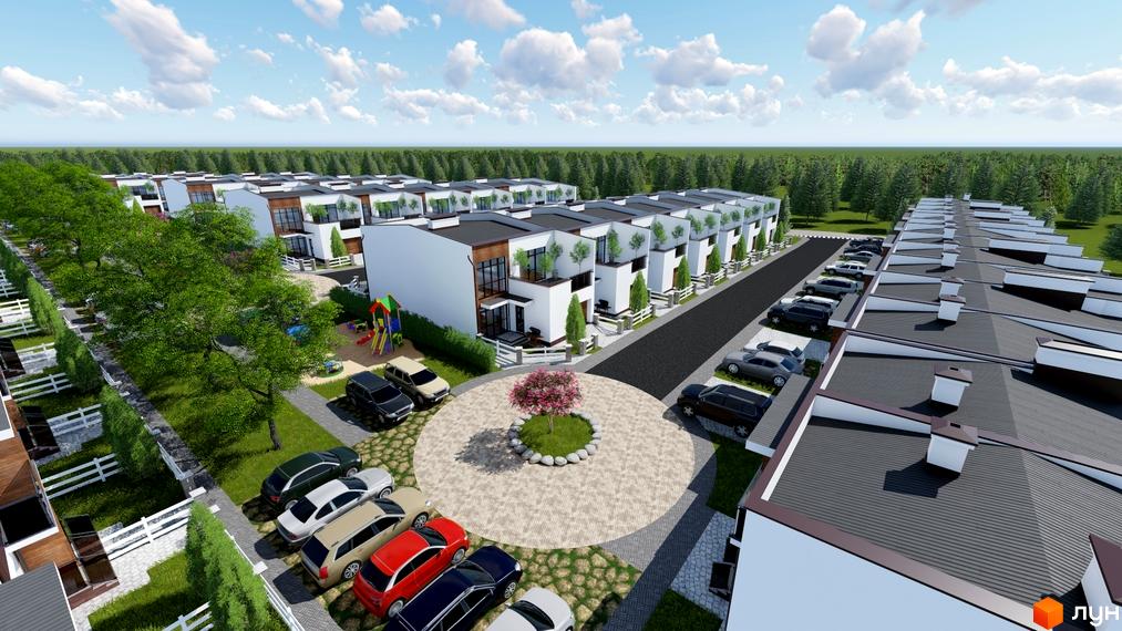 Зображення житлового комплексу Green Place. На фото видно таунхауси з білими фасадами та темними дахами. На прибудинковій території є парковка та дитячий майданчик.