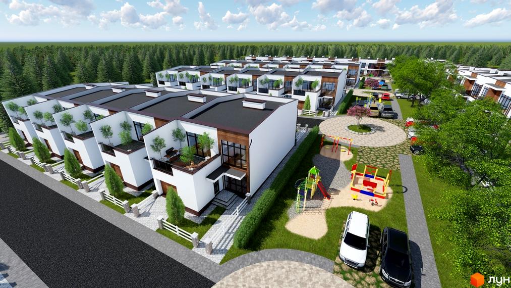 Таунхауси Green Place з білими фасадами та темними дахами, оточені зеленими насадженнями. На території є дитячі майданчики та парковки.