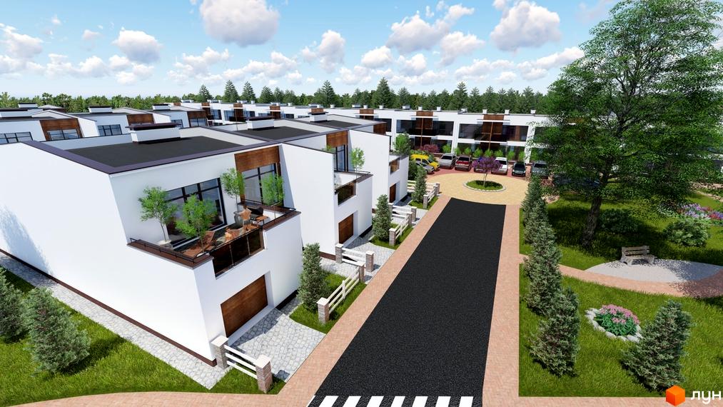 Зображення сторінки житлового комплексу Green Place. Білі будинки з терасами та гаражами, асфальтована дорога, зелені насадження та парковка для автомобілів.