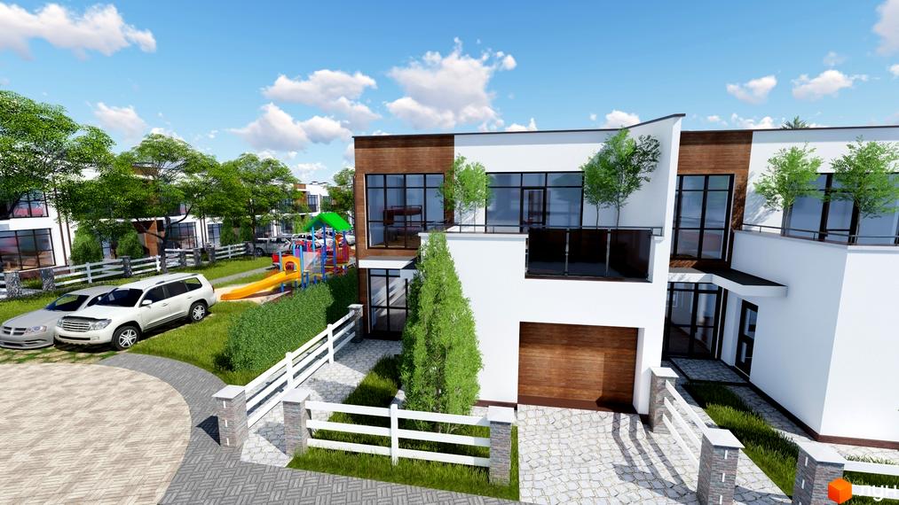 Зображення сторінки житлового комплексу Green Place. На фото зображено білий будинок з дерев'яними вставками та великими вікнами. Поруч з будинком розташований дитячий майданчик та парковка.