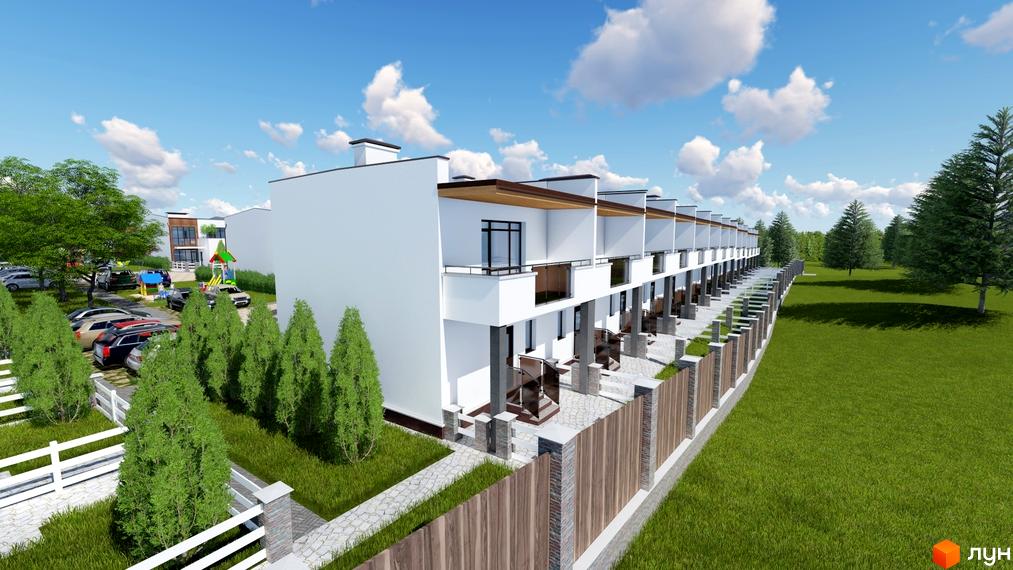 Ряд білих таунхаусів Green Place з балконами та темними вікнами. Поруч паркінг, дитячий майданчик та велика зелена територія з деревами.