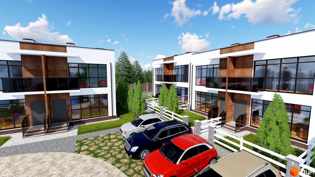 Таунхауси Green Place з білими фасадами, дерев'яними елементами та великими вікнами. Прибудинкова територія має доріжки, газони та парковку.