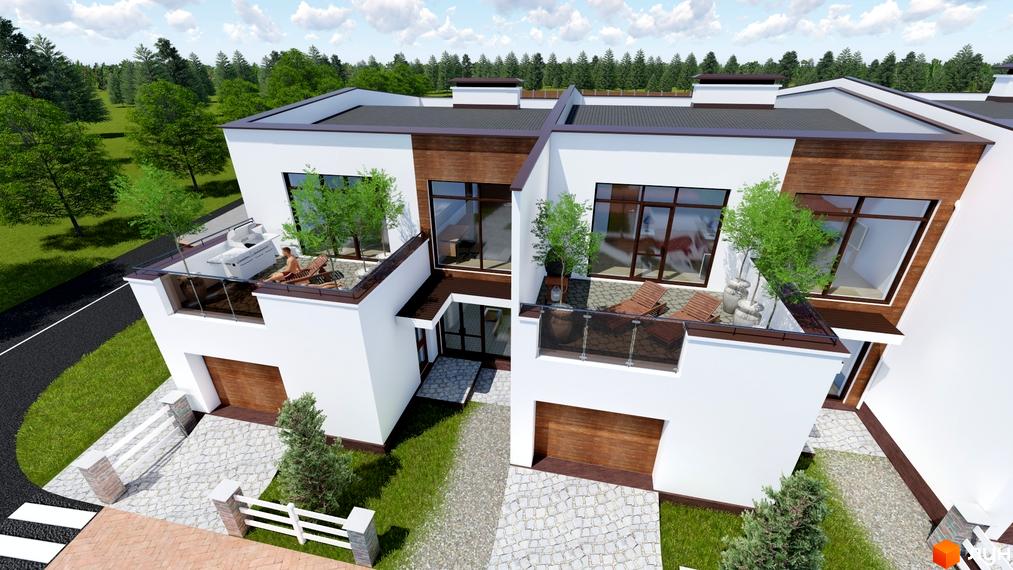 Зображення фасаду таунхаусів Green Place. Білі будинки з дерев'яними вставками, терасами та зеленими насадженнями. На території бруківка, газон та дерева.