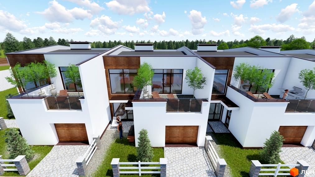 Зображення житлового комплексу Green Place. Білі будинки з дерев'яними вставками, терасами та гаражами. На прибудинковій території газон, дерева та бруківка.