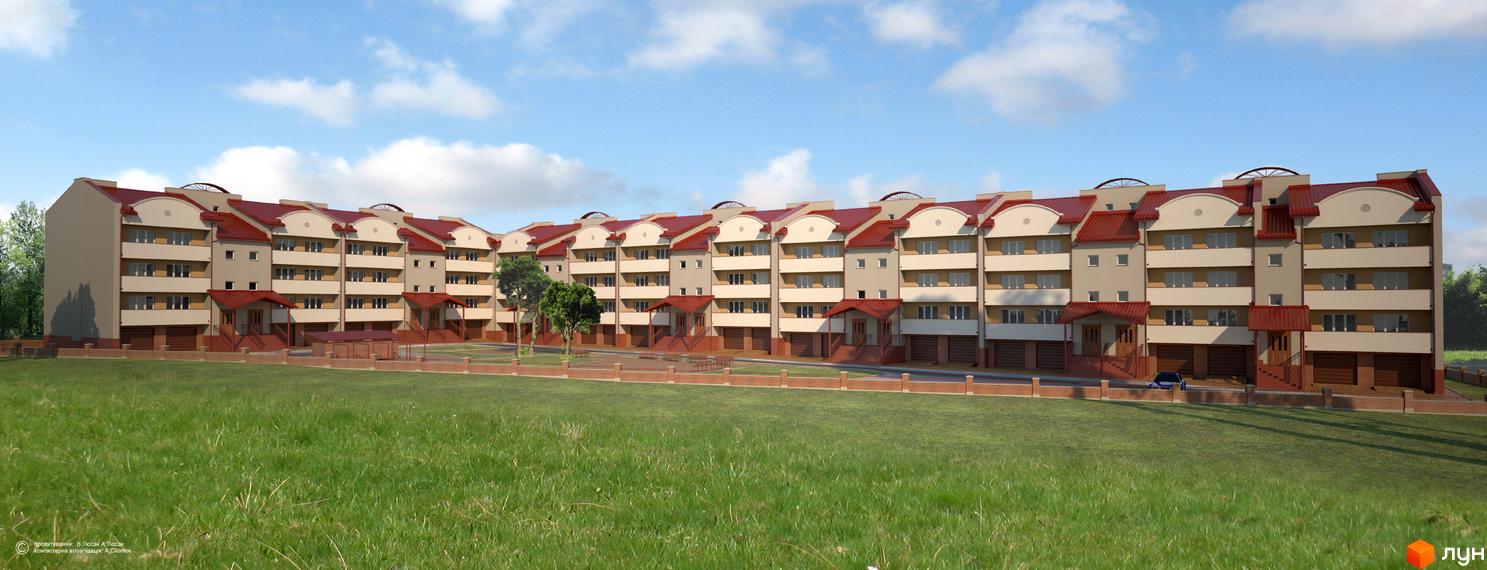 Зображення фасаду та прибудинкової території Житлового комплексу на вулиці Стрийська, 197. Багатоповерхова будівля з червоним дахом та зеленим газоном.