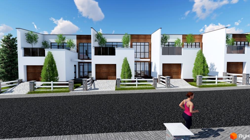 Зображення житлового комплексу Green Place. Світлі будинки з дерев'яними гаражними дверима та невеликими деревами на дахах. Перед будинками розташована біла огорожа та асфальтована дорога.