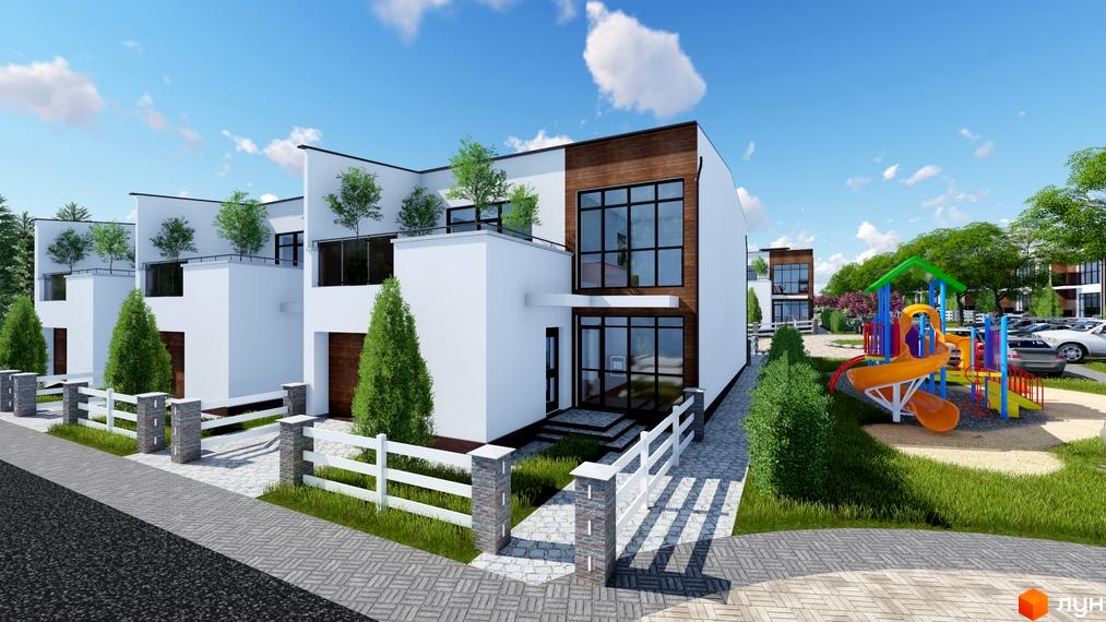 Зображення житлового комплексу Green Place. Білі будинки з дерев'яним оздобленням, терасами та великими вікнами. На території дитячий майданчик та парковка.