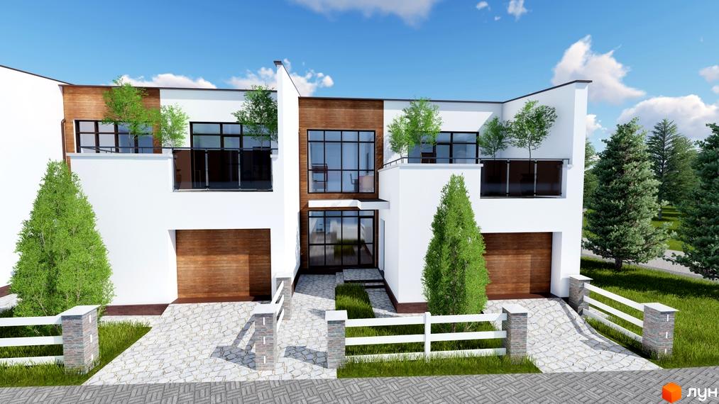 Зображення житлового комплексу Green Place. Білі будинки з дерев'яними гаражними дверима та терасами з невеликими деревами. На території бруківка та білий паркан.